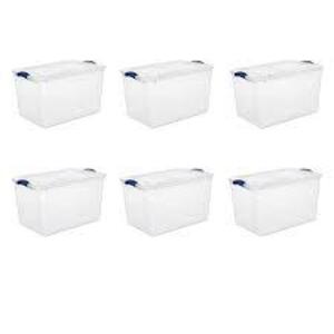 DESCRIPTION: (6) STORAGE BOX WITH LATCHED LID BRAND/MODEL: STERILITE #2028 INFORMATION: CLEAR RETAIL$: $50.00 TOTAL SIZE: 66 QT QTY: 6