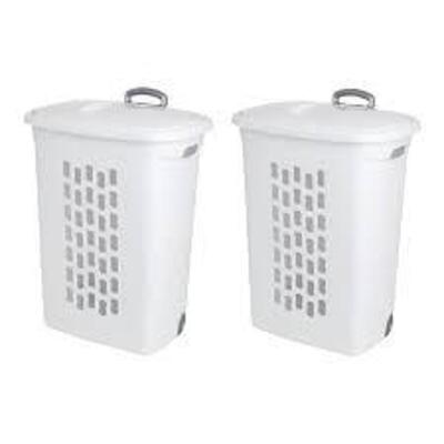 DESCRIPTION: (2) WHEELED LAUNDRY HAMPER BRAND/MODEL: STERILITE #1222 INFORMATION: WHITE RETAIL$: $20.00 EA SIZE: 21" QTY: 2