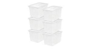 DESCRIPTION: (6) JUMBO STACKABLE PLASTIC CLOSET STORAGE ORGANIZER BRAND/MODEL: MAINSTAYS INFORMATION: CLEAR RETAIL$: $62.12 TOTAL SIZE: 68 QT QTY: 6