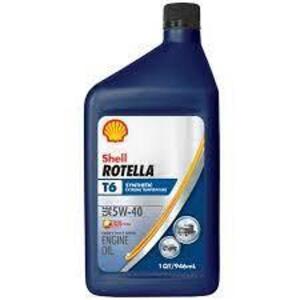 DESCRIPTION: (4) FULL SYNTHETIC DESEL ENGINE OIL BRAND/MODEL: SHELL ROTELLA #T6 INFORMATION: 5W-40 RETAIL$: $9.25 EA SIZE: 1QT QTY: 4