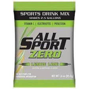 DESCRIPTION: (6) POWDER SPORTS DRINK MIX BRAND/MODEL: ALL SPORT ZERO INFORMATION: LEMON LIME RETAIL$: $4.56 EA SIZE: 1.6 OZ QTY: 6