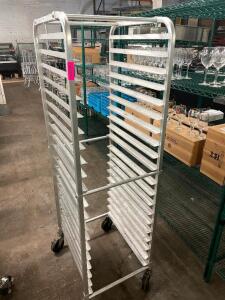 DESCRIPTION: TWENTY PAN FRONT LOAD TRAY RACK � ON CASTERS QTY: 1