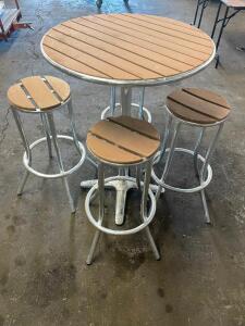 DESCRIPTION: 29.5"  ROUND PUB PATIO TABLE SET W/ (4) BAR STOOLS. ADDITIONAL INFORMATION: CHROME FINISH FRAME SIZE: 29.5 QTY: 1