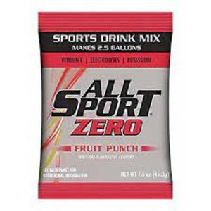 DESCRIPTION: (6) POWDER SPORTS DRINK MIX BRAND/MODEL: ALL SPORT ZERO INFORMATION: FRUIT PUNCH RETAIL$: $4.56 EA SIZE: 1.6 OZ QTY: 6