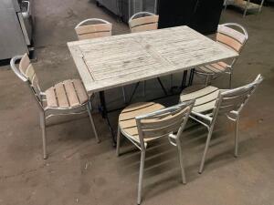 DESCRIPTION: 47" X 29" TEAK PATIO TABLE SET W/ (6) CHAIRS SIZE: 47" X 29" QTY: 1