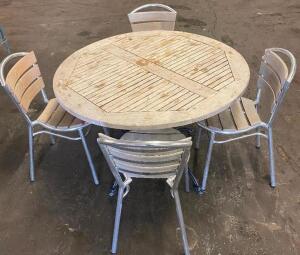 DESCRIPTION: 48" ROUND TEAK WOOD PATIO TABLE W/ (4) CHAIRS. SIZE: 48" R QTY: 1