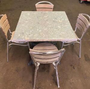 DESCRIPTION: 30" X 30" PLASTIC PATIO TABLE W/ (4) CHAIRS. SIZE: 30" X 30" QTY: 1