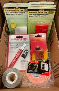 DESCRIPTION: BOX OF MOUNTING TAPE, SHARPENING TOOL, TUBE CUTTER AND ASSORTED REFLECTIVE SAFETY TAPE QTY: 1