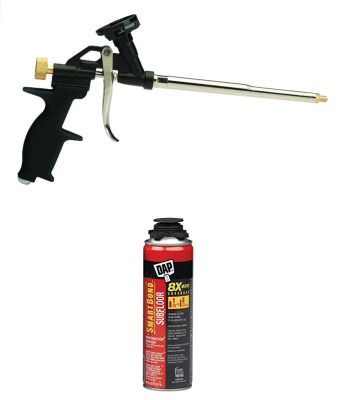 DESCRIPTION: CONSTRUCTION ADHESIVE APPLICATOR GUN WITH (8) CANS OF SMARTBOND SUBFLOOR ADHESIVE BRAND/MODEL: DAP RETAIL$: $37.42 & $21.23 EACH QTY: 9