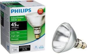 DESCRIPTION: (3) 45W REPLACEMENT PAR38 INDOOR/OUTDOOR DIMMABLE SPOT BULB BRAND/MODEL: PHILIPS RETAIL$: $18.99 EACH QTY: 3