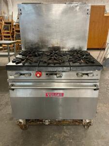 VULCAN SIX BURNER GAS RANGE W/ LOWER OVEN.