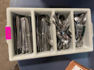 SILVERWARE CADDY W/ CONTENTS.