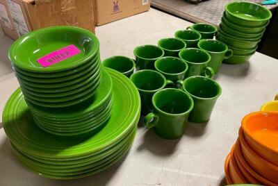 (6) 10.5" GREEN CERAMIC DINNER PLATES W/ MATCHING BOWLS, PLATES AND MUGS.