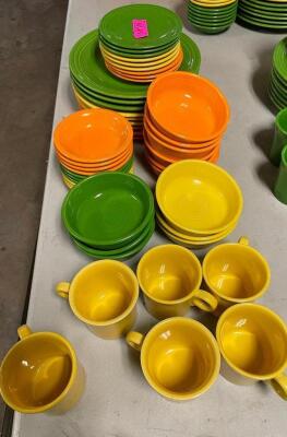 (9) ASSORTED 10.5" GREEN, YELLOW, AND ORANGE DINNER PLATES W/ MATCHING BOWLS