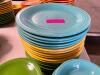 (18) 10.5" ASSORTED GREEN, BLUE, AND YELLOW CERAMIC DINNER PLATES AND MATCHING BOWLS. - 2