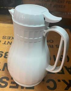 (8) WHITE PLASTIC INSULATED DECANTERS.