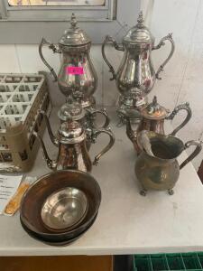 (8) PIECES OF PLATES SILVER URNS AND DECANTERS.