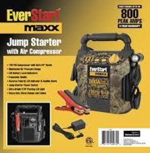 DESCRIPTION: (1) JUMP STARTER WITH AIR COMPRESSOR BRAND/MODEL: EVERSTART MAXX INFORMATION: CAMO RETAIL$: $56.99 EA SIZE: 800 PEAK AMPS QTY: 1