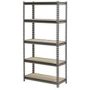 DESCRIPTION: (1) GARAGE STORAGE SHELVING UNIT BRAND/MODEL: MUSCLE RACK/UR48272PB5P-SV INFORMATION: BOLTLESS/5-TIER RETAIL$: 67.89 SIZE: 48"W X 24"D X