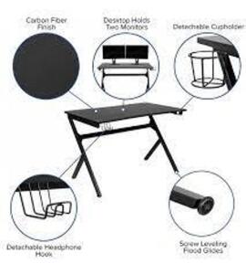 DESCRIPTION: (1) GAMING DESK BRAND/MODEL: FLASH FURNITURE #nan-nj-tg-d1904-gg RETAIL$: $180.00 EA SIZE: 45.25X29 QTY: 1