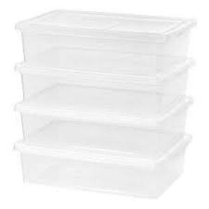 DESCRIPTION: (4) CLEAR BOOT BOX WITH LID BRAND/MODEL: MAINSTAYS RETAIL$: $11.73 EA SIZE: 28 QT QTY: 4