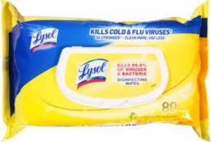 DESCRIPTION: (2) DISINFECTING WIPES BRAND/MODEL: LYSOL INFORMATION: LEMON RETAIL$: $20.00 EA SIZE: 80 WIPES QTY: 2