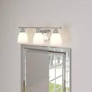 NAME: Lucky Collection 24 in. 3-Light Polished Chrome Bathroom Vanity Light with Glass Shades