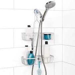 NAME: NeverRust Aluminum Over The Shower Hand Held Shower Hose Caddy in Satin Chrome