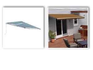 NAME: 12 ft. Manual Patio Retractable Awning (120 in. Projection) WITH BLUE/WHITE STRIPE AWNING COVER (TAN COVER NOT INCLUDED)