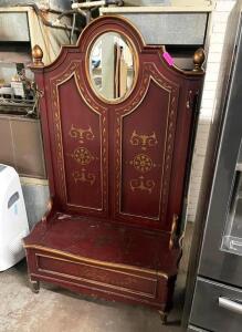 NAME: VINTAGE STORAGE BENCH WITH MIRROR, HOOKS AND UNDERNEATH STORAGE