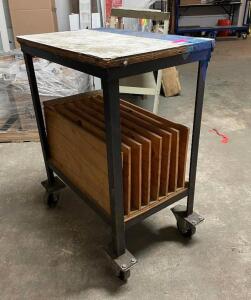 NAME: METAL MATERIAL CART WITH WOOD TOP