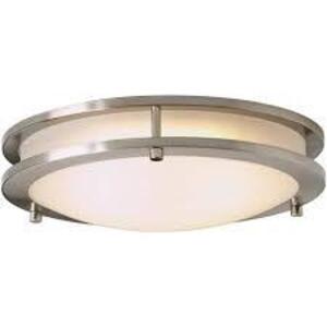 NAME: Flaxmere 11.8 in. Brushed Nickel LED Flush Mount Ceiling Light with Frosted White Glass Shade