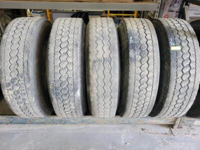 DESCRIPTION: (5) USED TIRES ON BUD WHEELS INFORMATION: 6 TO 9/32 TREAD DEPTH QTY: 5