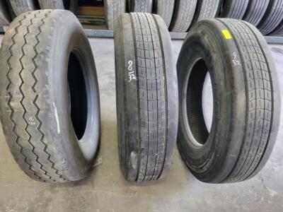 DESCRIPTION: (3) USED 22.5" TIRES INFORMATION: 8 AND 9/32 TREAD DEPTH QTY: 3