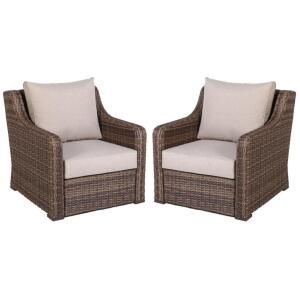 DESCRIPTION: (1) SET OF (2) GARDEN WICKER CHAIRS BRAND/MODEL: BETTER HOMES & GARDENS INFORMATION: WICKER, INCLUDES CUSHIONS RETAIL$: $399/SET QTY: 1