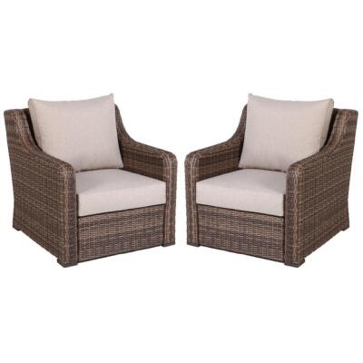 DESCRIPTION: (1) SET OF (2) GARDEN WICKER CHAIRS BRAND/MODEL: BETTER HOMES & GARDENS INFORMATION: WICKER, INCLUDES CUSHIONS RETAIL$: $399/SET QTY: 1