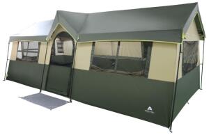 DESCRIPTION (1) OZARK TRAIL HAZEL CREEK CABIN TENT BRAND/MODEL WF-20984 ADDITIONAL INFORMATION GREEN/12-PERSON TENT/LED LIGHTS/RETAILS AT $349.00 SIZE