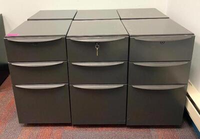 (6) 3-DRAWER METAL FILE CABINETS ON CASTERS