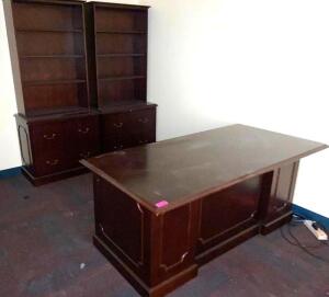 72" X 36" EXECUTIVE OFFICE DESK W/ MATCHING SHELVING AND CABINETS AS SHOWN