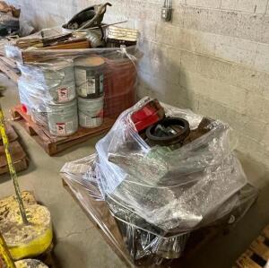 (2) - ASSORTED PALLETS OF ASPHALT COATING / DRAIN CAPS / TOOLS / HARDWARE