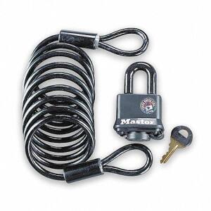 DESCRIPTION: (1) CABLE AND COVERED LOCK BRAND/MODEL: MASTER LOCK #6JD68 RETAIL$: $20.00 EA QTY: 1