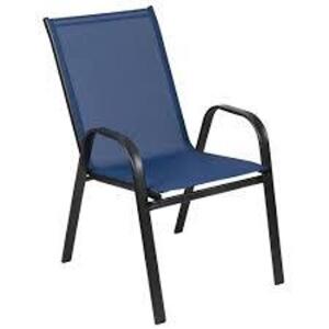 DESCRIPTION: (4) OUTDOOR STACKING CHAIRS BRAND/MODEL: FLASH FURNITURE #JJ-303C-NV-GG INFORMATION: BLUE WITH BLACK ARMS AND LEGS RETAIL$: $141.92 TOTAL