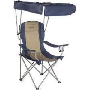 DESCRIPTION: (1) FOLDING CHAIR WITH SHADE CANOPY BRAND/MODEL: KAMP RITE #CC463 INFORMATION: BLUE AND GREY RETAIL$: $75.00 EA QTY: 1