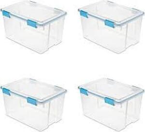 DESCRIPTION: (4) STORAGE TOTE BRAND/MODEL: STERILITE #1934 INFORMATION: CLEAR RETAIL$: $20.23 EA SIZE: 54 QT QTY: 4