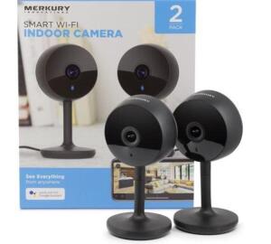 DESCRIPTION: (1) PACK OF (2) SMART WIFI SECURITY CAMERA BRAND/MODEL: MERKURY INNOVATIONS MI-CW217-101WW RETAIL$: 48.37 SIZE: 12.60LX4.60WX2.30H QTY: 1