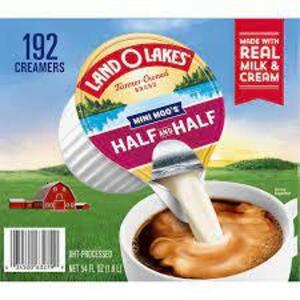 DESCRIPTION: (1) BOX OF (192) SMALL CONTAINERS OF HALF AND HALF BRAND/MODEL: LAND O LAKES RETAIL$: $20.00 EA SIZE: .30 OZ QTY: 1