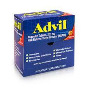 DESCRIPTION: (2) BOXES OF (50) PACKS OF (2) COATED TABLETS BRAND/MODEL: ADVIL RETAIL$: $12.00 EA SIZE: 200 MG QTY: 2