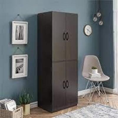 DESCRIPTION: (1) STORAGE CABINET BRAND/MODEL: MAINSTAYS #7224012PCOM INFORMATION: DARK CHOCOLATE RETAIL$: $109.00 EA SIZE: 4 DOOR 5' QTY: 1