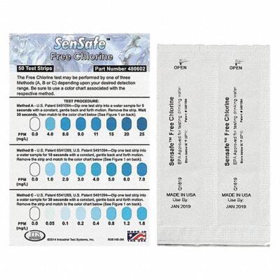 DESCRIPTION: (5) CHLORINE WATER CHECK STRIPS BRAND/MODEL: SENSAFE RETAIL$: $208.55 EA SIZE: 50 TEST INCL. 12 PACK QTY: 5