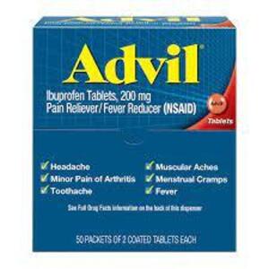 DESCRIPTION: (2) BOXES OF (50) PACKETS OF IBUPROFEN BRAND/MODEL: ADVIL RETAIL$: $15.00 EA SIZE: 200 MG QTY: 2